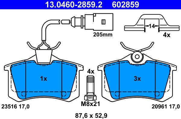 ATE 13.0460-2859.2 - Комплект спирачно феродо, дискови спирачки vvparts.bg