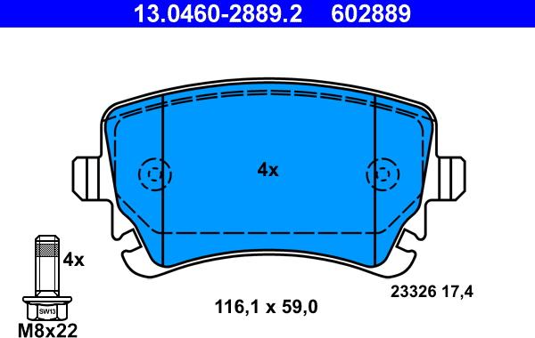 ATE 13.0460-2889.2 - Комплект спирачно феродо, дискови спирачки vvparts.bg