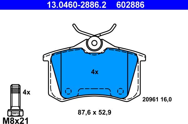 ATE 13.0460-2886.2 - Комплект спирачно феродо, дискови спирачки vvparts.bg