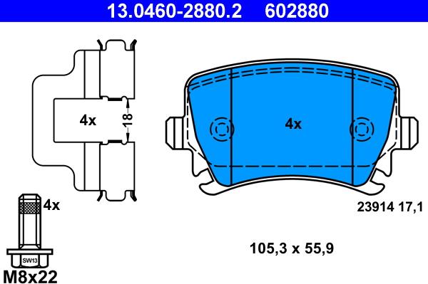 ATE 13.0460-2880.2 - Комплект спирачно феродо, дискови спирачки vvparts.bg