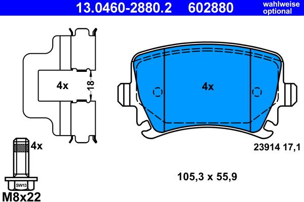 ATE 13.0460-2880.2 - Комплект спирачно феродо, дискови спирачки vvparts.bg