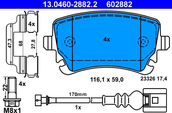 ATE 13.0460-2882.2 - Комплект спирачно феродо, дискови спирачки vvparts.bg