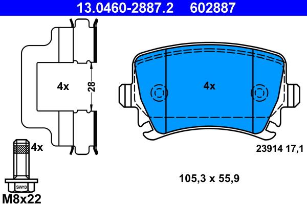 ATE 13.0460-2887.2 - Комплект спирачно феродо, дискови спирачки vvparts.bg