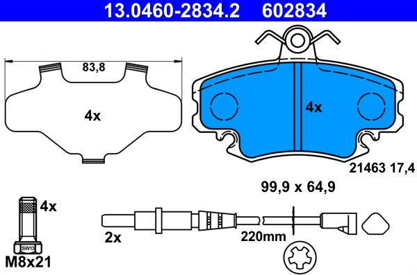 ATE 13.0460-2834.2 - Комплект спирачно феродо, дискови спирачки vvparts.bg