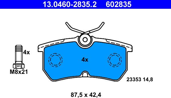 ATE 13.0460-2835.2 - Комплект спирачно феродо, дискови спирачки vvparts.bg