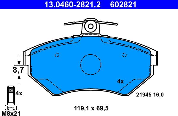 ATE 13.0460-2821.2 - Комплект спирачно феродо, дискови спирачки vvparts.bg