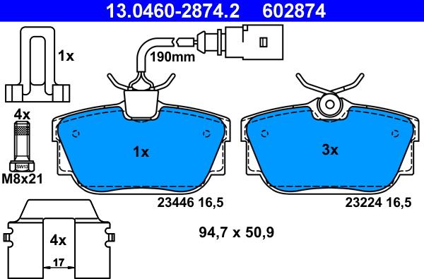 ATE 13.0460-2874.2 - Комплект спирачно феродо, дискови спирачки vvparts.bg