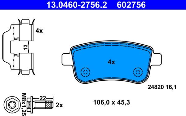 ATE 13.0460-2756.2 - Комплект спирачно феродо, дискови спирачки vvparts.bg