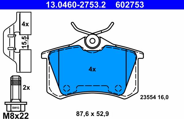 ATE 13.0460-2753.2 - Комплект спирачно феродо, дискови спирачки vvparts.bg