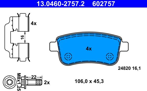 ATE 13.0460-2757.2 - Комплект спирачно феродо, дискови спирачки vvparts.bg