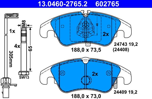 ATE 13.0460-2765.2 - Комплект спирачно феродо, дискови спирачки vvparts.bg