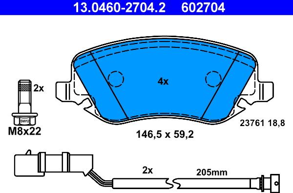 ATE 13.0460-2704.2 - Комплект спирачно феродо, дискови спирачки vvparts.bg
