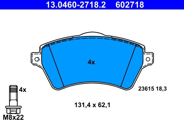 ATE 13.0460-2718.2 - Комплект спирачно феродо, дискови спирачки vvparts.bg