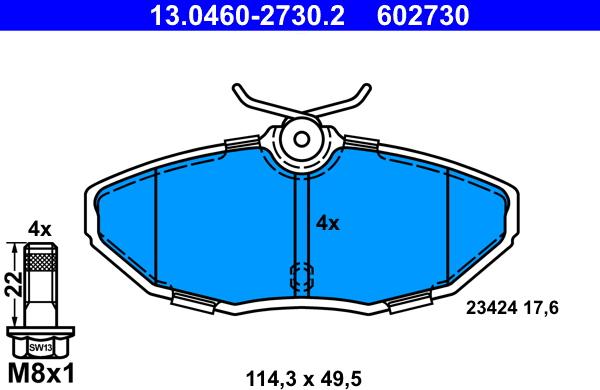 ATE 13.0460-2730.2 - Комплект спирачно феродо, дискови спирачки vvparts.bg