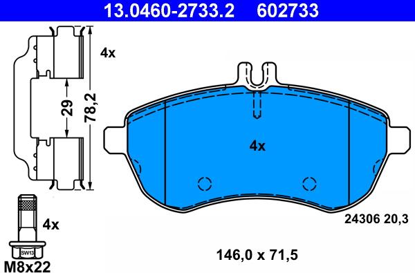 ATE 13.0460-2733.2 - Комплект спирачно феродо, дискови спирачки vvparts.bg