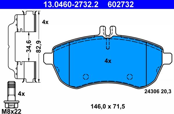 ATE 13.0460-2732.2 - Комплект спирачно феродо, дискови спирачки vvparts.bg