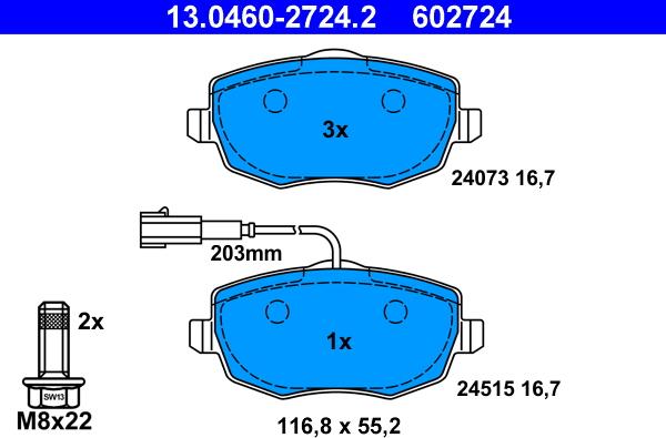 ATE 13.0460-2724.2 - Комплект спирачно феродо, дискови спирачки vvparts.bg