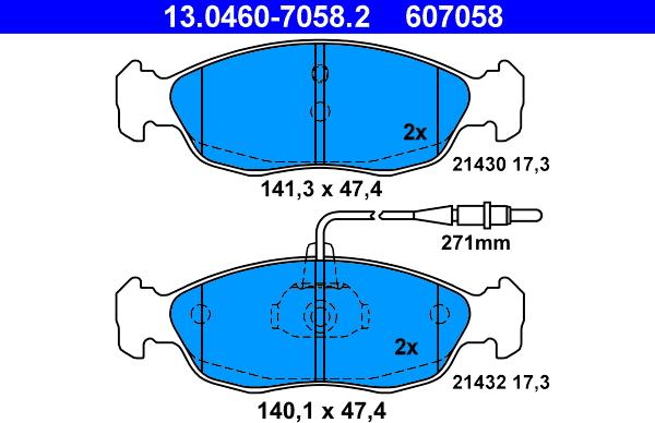 ATE 13.0460-7058.2 - Комплект спирачно феродо, дискови спирачки vvparts.bg