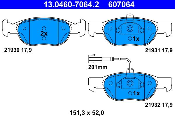 ATE 13.0460-7064.2 - Комплект спирачно феродо, дискови спирачки vvparts.bg