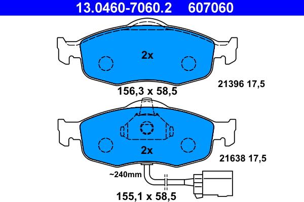 ATE 13.0460-7060.2 - Комплект спирачно феродо, дискови спирачки vvparts.bg