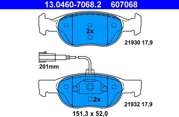 ATE 13.0460-7068.2 - Комплект спирачно феродо, дискови спирачки vvparts.bg