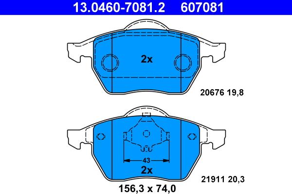 ATE 13.0460-7081.2 - Комплект спирачно феродо, дискови спирачки vvparts.bg