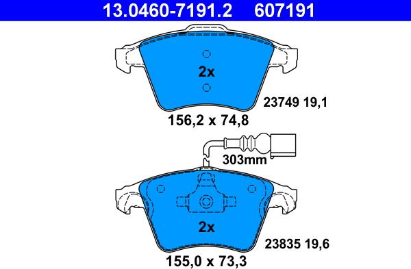 ATE 13.0460-7191.2 - Комплект спирачно феродо, дискови спирачки vvparts.bg