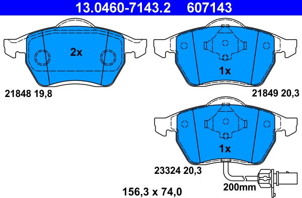 ATE 13.0460-7143.2 - Комплект спирачно феродо, дискови спирачки vvparts.bg