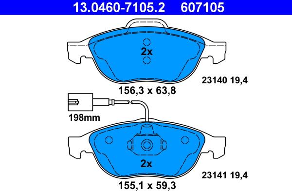 ATE 13.0460-7105.2 - Комплект спирачно феродо, дискови спирачки vvparts.bg