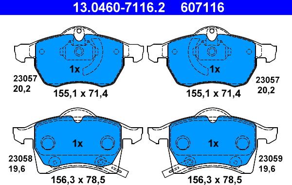 ATE 13.0460-7116.2 - Комплект спирачно феродо, дискови спирачки vvparts.bg