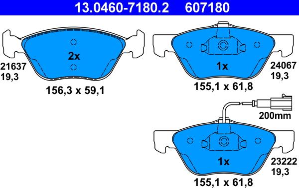 ATE 13.0460-7180.2 - Комплект спирачно феродо, дискови спирачки vvparts.bg