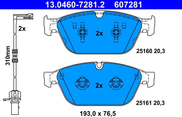 ATE 13.0460-7281.2 - Комплект спирачно феродо, дискови спирачки vvparts.bg