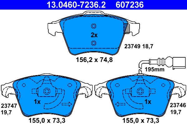 ATE 13.0460-7236.2 - Комплект спирачно феродо, дискови спирачки vvparts.bg