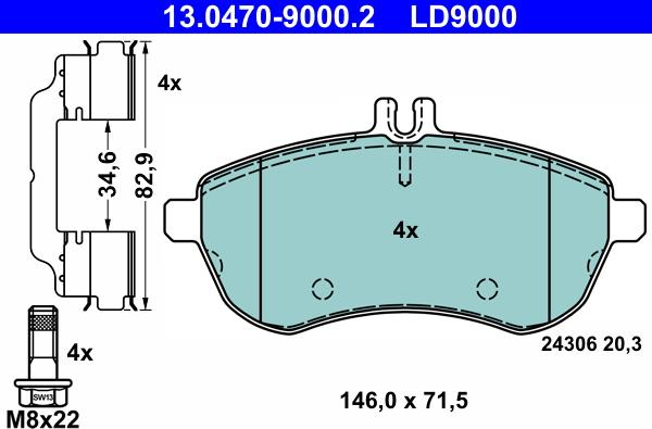 ATE 13.0470-9000.2 - Комплект спирачно феродо, дискови спирачки vvparts.bg