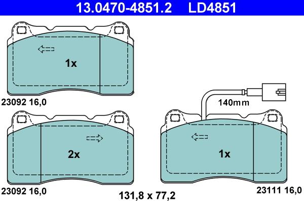 ATE 13.0470-4851.2 - Комплект спирачно феродо, дискови спирачки vvparts.bg