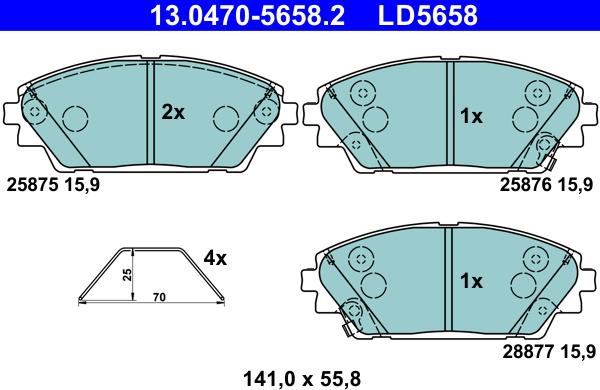 ATE 13.0470-5658.2 - Комплект спирачно феродо, дискови спирачки vvparts.bg