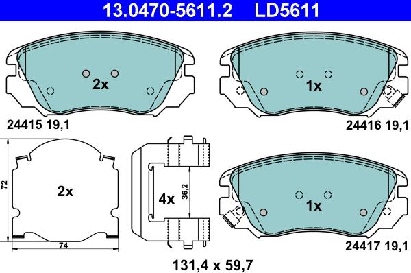 ATE 13.0470-5611.2 - Комплект спирачно феродо, дискови спирачки vvparts.bg