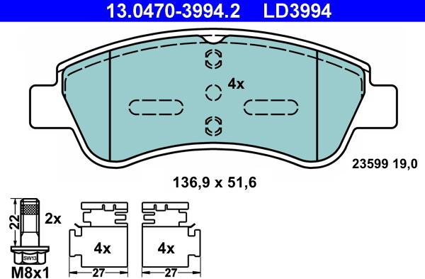 ATE 13.0470-3994.2 - Комплект спирачно феродо, дискови спирачки vvparts.bg