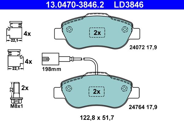 ATE 13.0470-3846.2 - Комплект спирачно феродо, дискови спирачки vvparts.bg