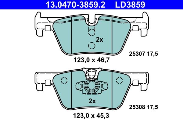 ATE 13.0470-3859.2 - Комплект спирачно феродо, дискови спирачки vvparts.bg