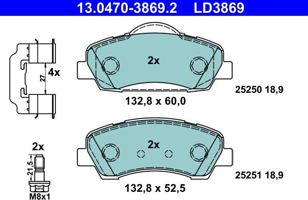 ATE 13.0470-3869.2 - Комплект спирачно феродо, дискови спирачки vvparts.bg