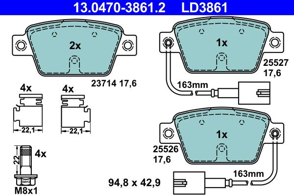 ATE 13.0470-3861.2 - Комплект спирачно феродо, дискови спирачки vvparts.bg