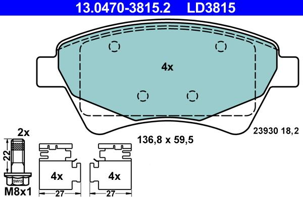 ATE 13.0470-3815.2 - Комплект спирачно феродо, дискови спирачки vvparts.bg
