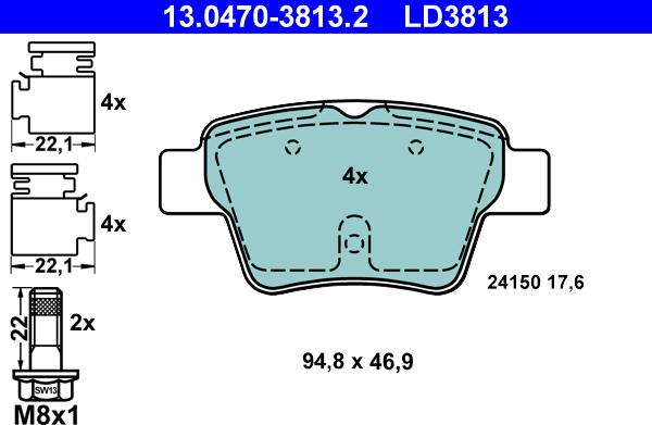 ATE 13.0470-3813.2 - Комплект спирачно феродо, дискови спирачки vvparts.bg