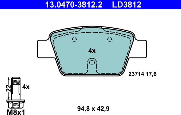 ATE 13.0470-3812.2 - Комплект спирачно феродо, дискови спирачки vvparts.bg