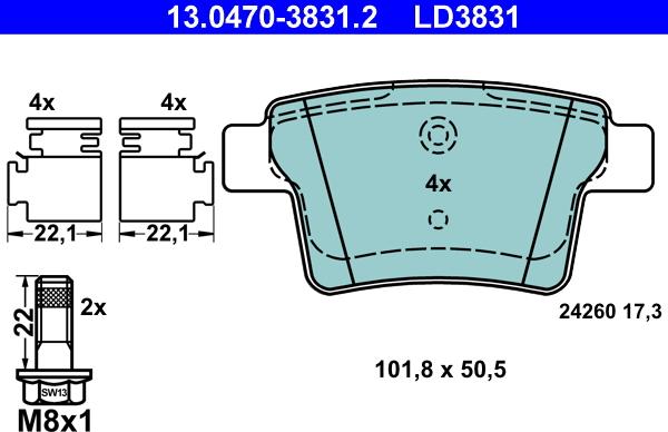 ATE 13.0470-3831.2 - Комплект спирачно феродо, дискови спирачки vvparts.bg