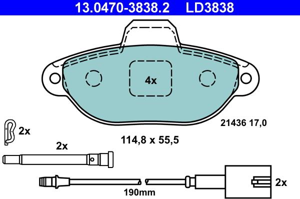 ATE 13.0470-3838.2 - Комплект спирачно феродо, дискови спирачки vvparts.bg