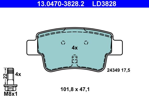 ATE 13.0470-3828.2 - Комплект спирачно феродо, дискови спирачки vvparts.bg