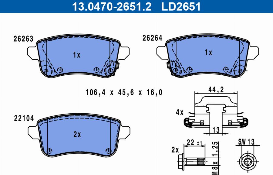 ATE 13.0470-2651.2 - Комплект спирачно феродо, дискови спирачки vvparts.bg