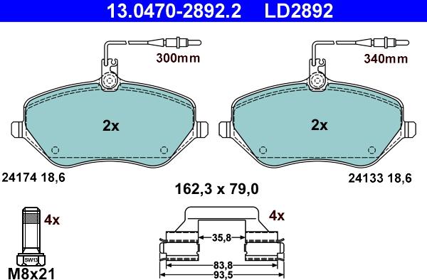 ATE 13.0470-2892.2 - Комплект спирачно феродо, дискови спирачки vvparts.bg